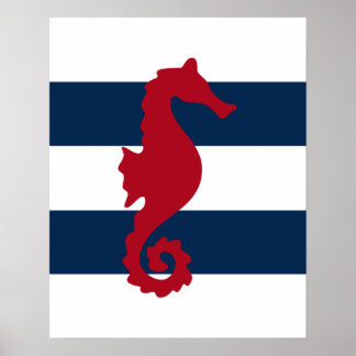 Röd sjöhäst på marinskt och vitt rand-utskrift pos poster