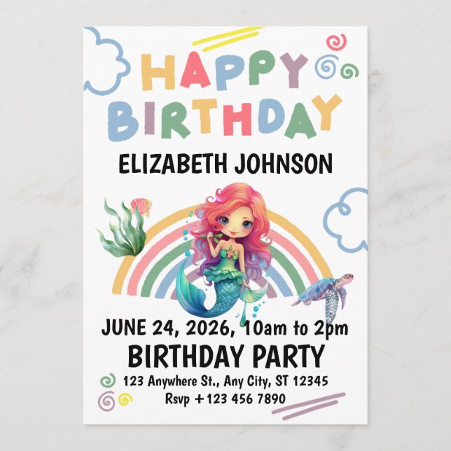 Röd sjöjungfru födelsedagsfest inbjudan i vitt (Framsida)