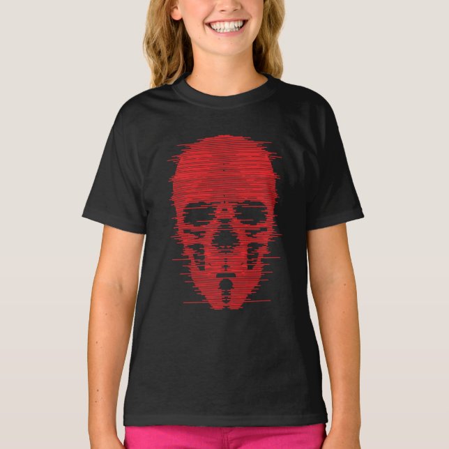 Röd Skalle Glitch Art T Shirt (Framsida)