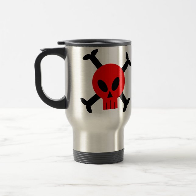 Röd skalle och Crossbonesmugg Resemugg (Vänster)