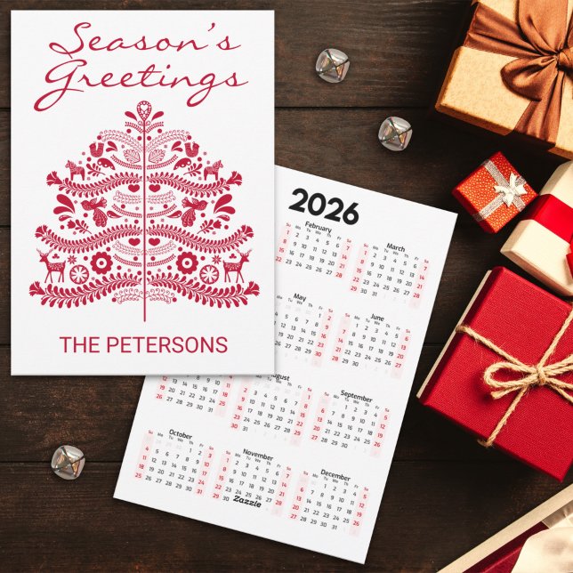 Röd skandinavisk julgran kalender i folklig konsts julkort (Skapare uppladdad)
