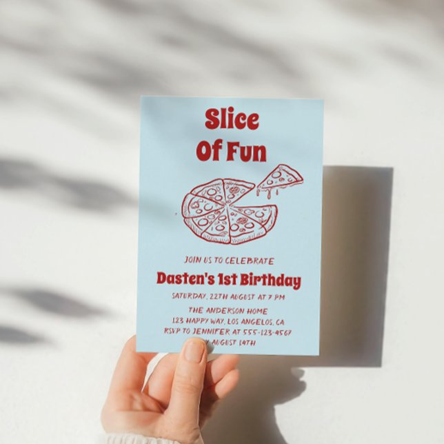 Röd skiva kul pizza första födelsedagsfest inbjudningar (Skapare uppladdad)