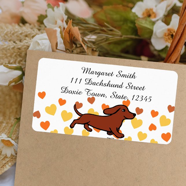 Röd slät dachshund springer adressetikett (Red Smooth Dachshund Running Return Address Label featuring Dachshund in action.  Cartoon Design.)