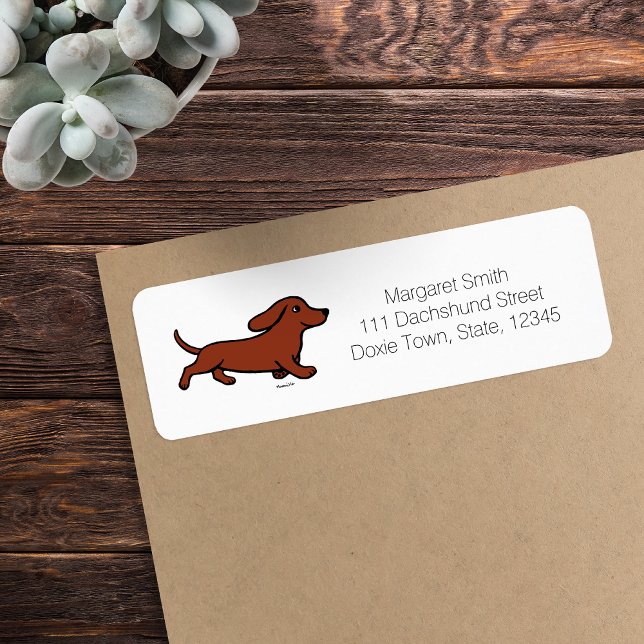 Röd slät dackel springer returadress etikett (Red Smooth Haired Dachshund Running Return Address Label featuring Dachshund in action.  Cartoon.)