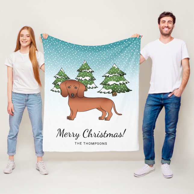 Röd Slät Päls Dachshund Söt Hund - Vinter Skog Fleecefilt (På plats)