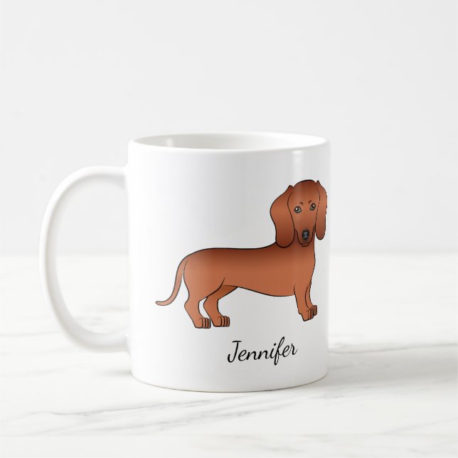 Röd slät päls Dachshund Söt tecknad hund & namn Kaffemugg (Vänster)