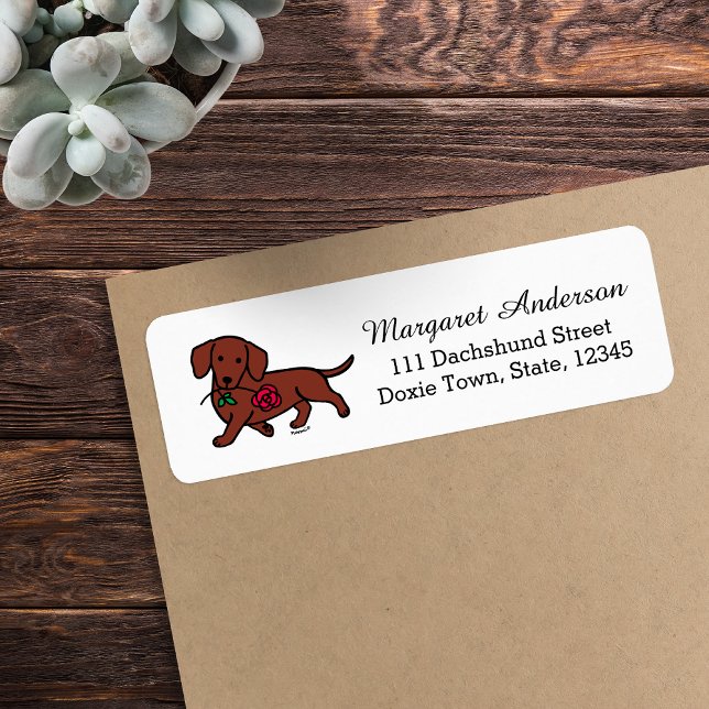 Röd Slät Pälsad Dachshund Rosa Returadress Etikett (Red Smooth Haired Dachshund Return Address Label featuring Dachshund having a Rose flower.  Cartoon.)