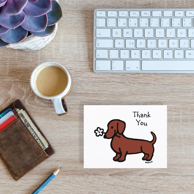 Röd Slät Pälsad Dackel Liten Blomma Tack Vykort (Red Smooth Haired Dachshund Tiny Flower Thank You Card for Doxie fans.  Cute sausage dog cartoon.)