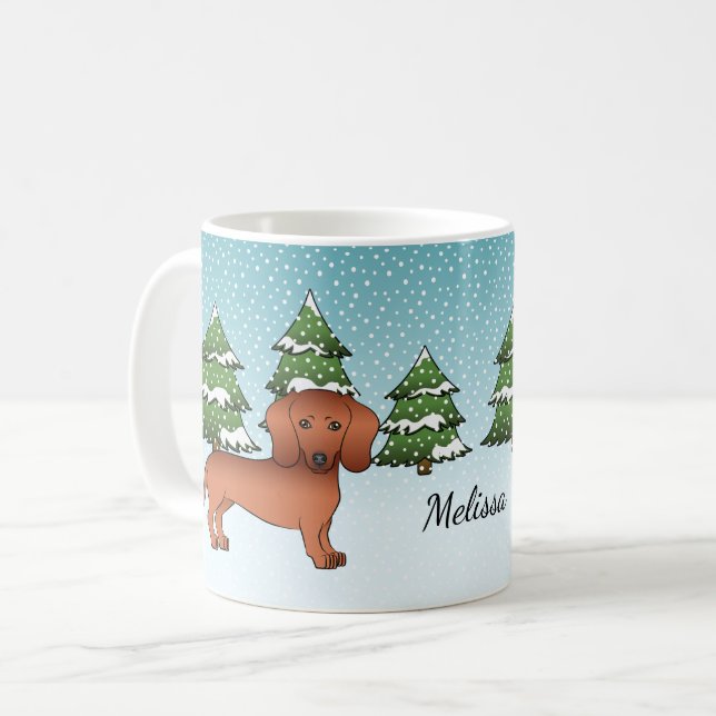 Röd slätpälsad Dachshund Söt Hund - Vinter Skog Kaffemugg (Framsida vänster)
