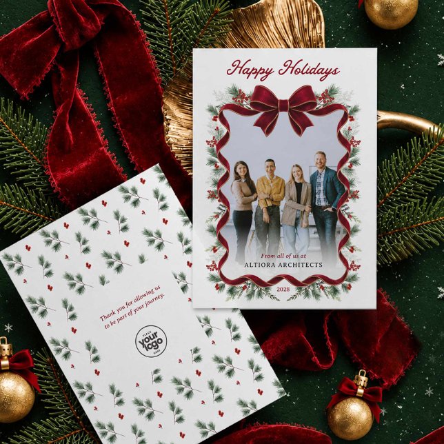 Röd slinga God Jul Företag Foto Inbjudningar (Happy Holidays Red Bow Photo  Business Greeting card with logo)