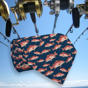 Röd Snapper Mönster Saltvatten Fiskare Marinblå Slips