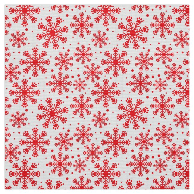 Röd snöflinga i vitt med paw-utskrift mönster tyg (Provkarta)