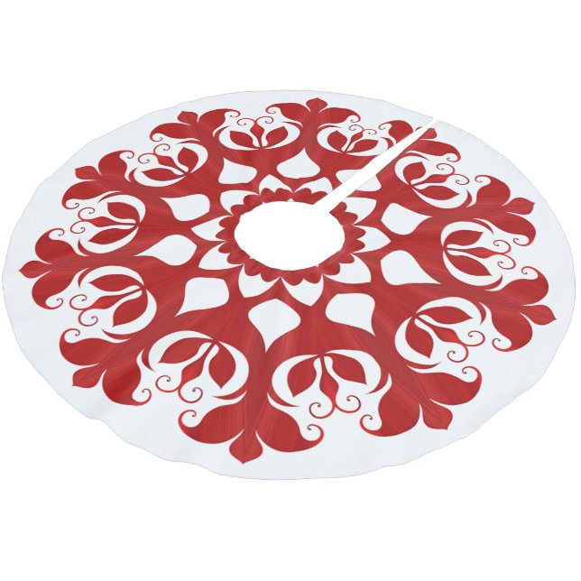 Röd snöflinga iskrystall blommönster på vit julgransmatta borstad polyester (Vinklad)