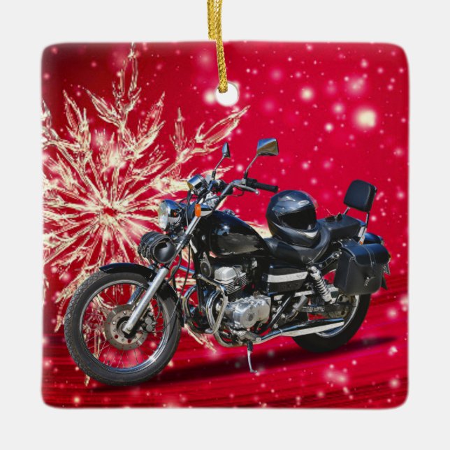 Röd snöflingmotorcykel och Helmet jul Julgransprydnad Keramik (Framsida)