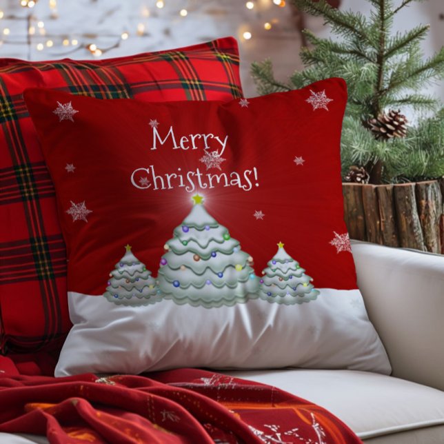 Röd Snöig Julgran Kastkudde Kudde (Red Christmas Tree Throw Pillow)