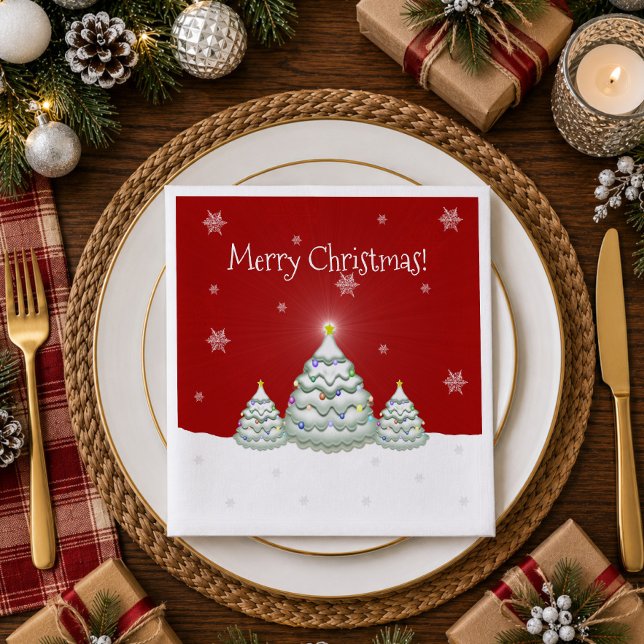 Röd Snöig Julgran Pappersservett (Red Snowy Christmas Tree Paper Napkins)