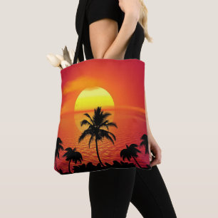 Röd sol Tropisk Palmstrand Tygkasse