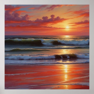 Röd solnedgång Ocean Sjölandskapsmålning Konstverk Poster