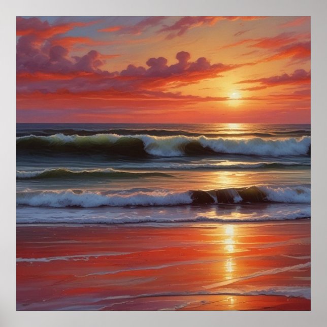 Röd solnedgång Ocean Sjölandskapsmålning Konstverk Poster (Framsidan)