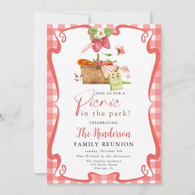 Röd sommar kul Picknick i parken familjeåterträff  Inbjudningar (Framsida)