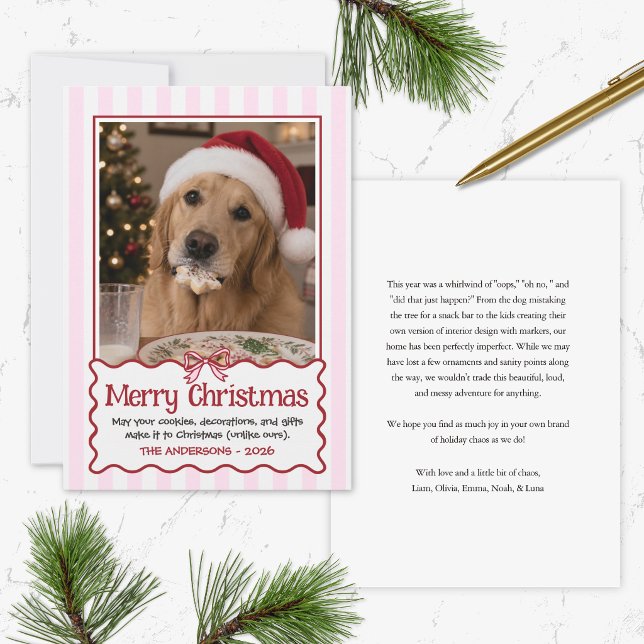 Röd söt hund rolig julkort husdjur humor (cute modern red and white with pink stripes and coquette bow funny Merry Christmas card for pets )