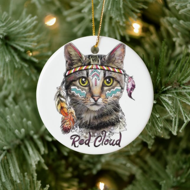 Röd, söt katt julgransprydnad keramik (Träd)