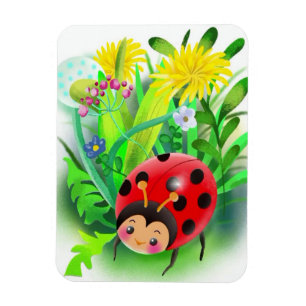 röd, söt ladybug på en bakgrund av gräs och influe magnet