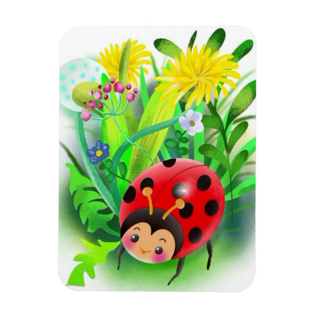 röd, söt ladybug på en bakgrund av gräs och influe magnet (Vertikal)