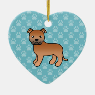 Röd söt Staffordshire Bull Terrier hund på blå Julgransprydnad Keramik
