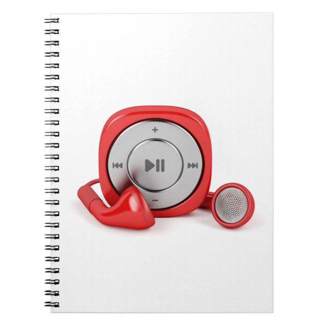 Röd spelare mp3 och band hörlurar anteckningsbok (Framsidan)