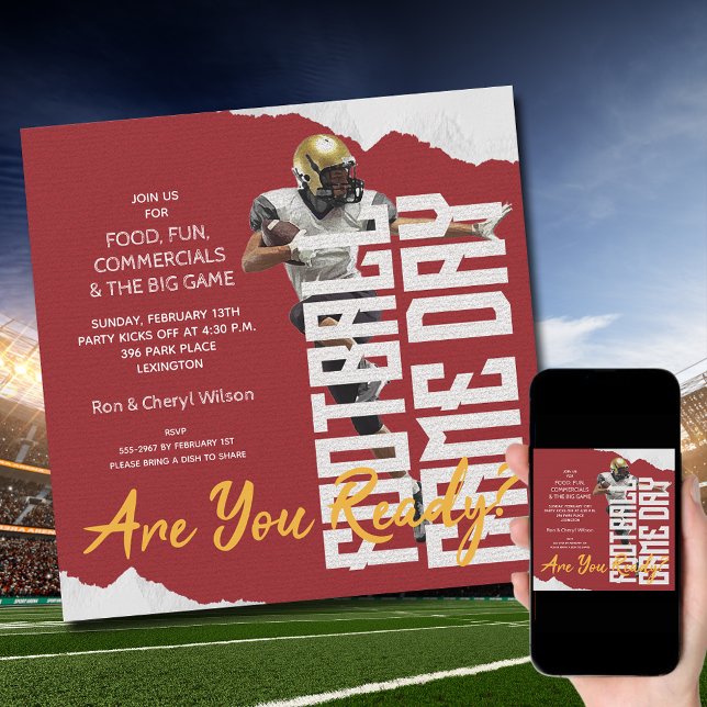 Röd speldag i fotbollsspelare inbjudningar (Order INSTANT DOWNLOAD to send digitally or PRINTED cards to mail or both!
)