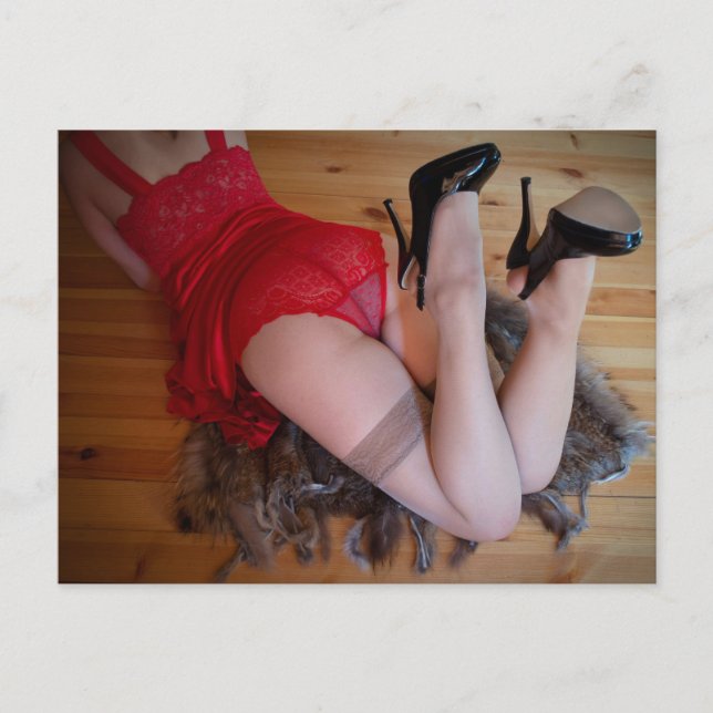 Röd spets lingeri foto vykort (Framsida)