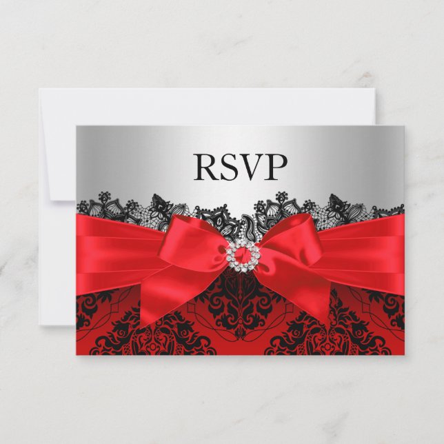 Röd spetsdamast & Bow RSVP OSA Kort (Framsida)