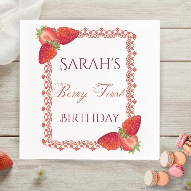 Röd spetsig bär Första födelsedag  Pappersservett (Red Lace Berry First Birthday Napkins)