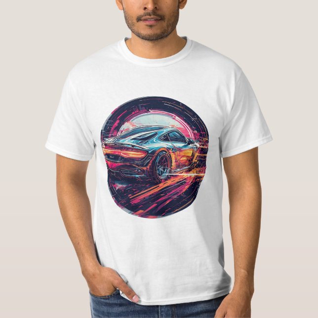 Röd sportbil i modern surrealistisk konstnärlig tu t shirt (Framsida)