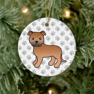 Röd Staffordshire Bull Terrier Söt Tecknad Hund Julgransprydnad Keramik