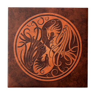 Röd sten Yin Yang Phoenix Kakelplatta