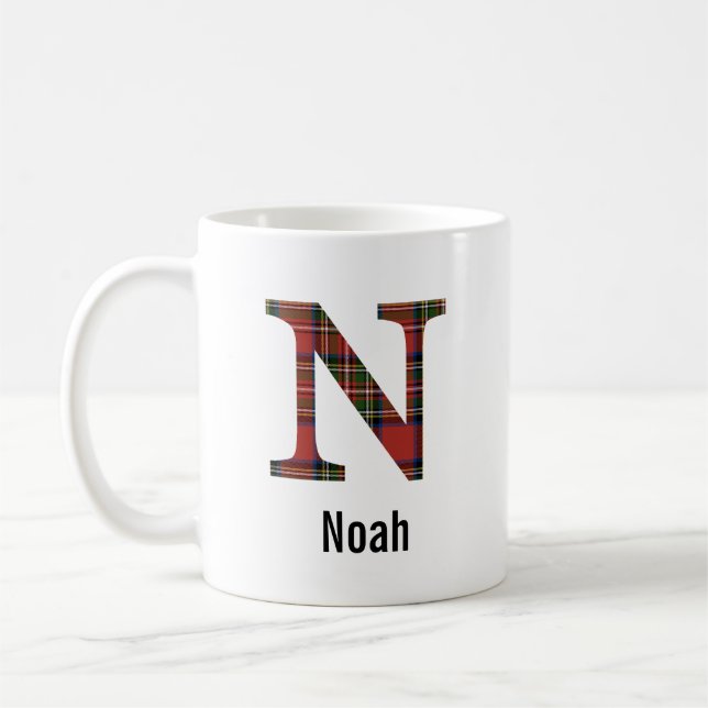Röd Stewart-rutig N-mugg med monogram Kaffemugg (Vänster)