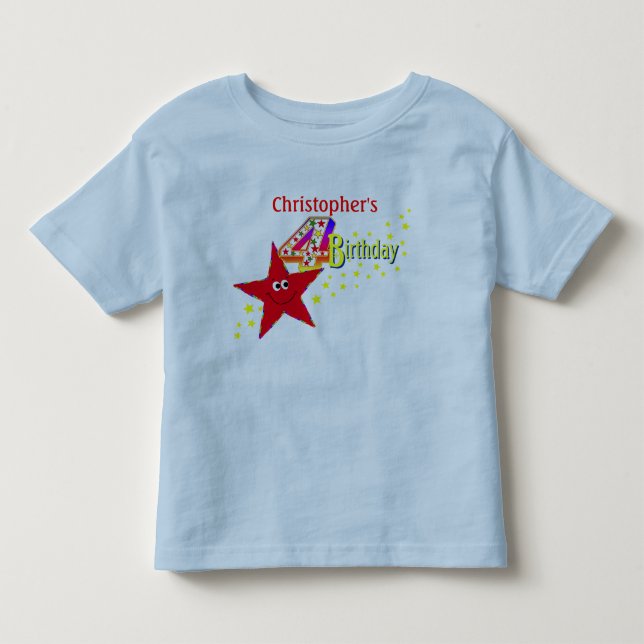 Röd stjärna4e födelsedagenskjorta tee shirt (Framsida)