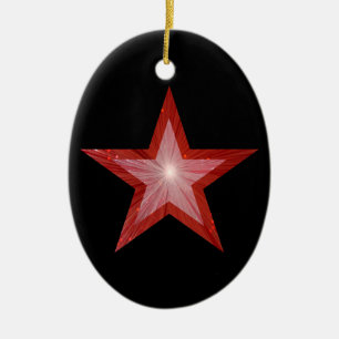 Röd stjärna, ornament, oval form, svart julgransprydnad keramik