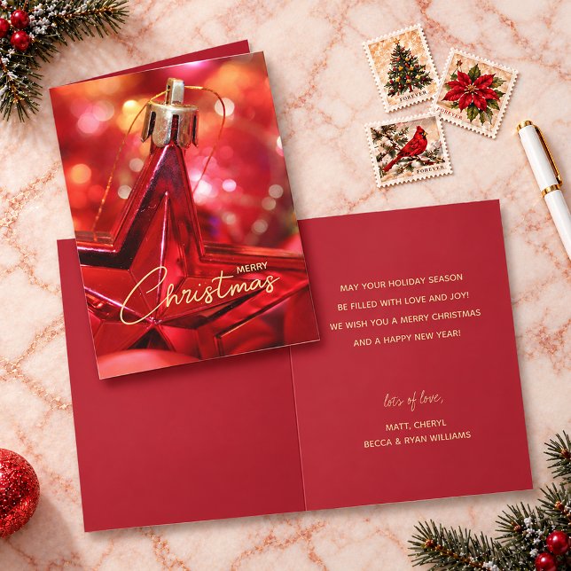 Röd stjärna ornament vikad jul kort (Red Star Ornament Folded Christmas Cards, PRINTED and/or INSTANT DOWNLOAD
)
