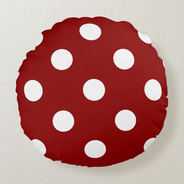 Röd stor polka dots - vit på mörk - rund kudde (Framsidan)