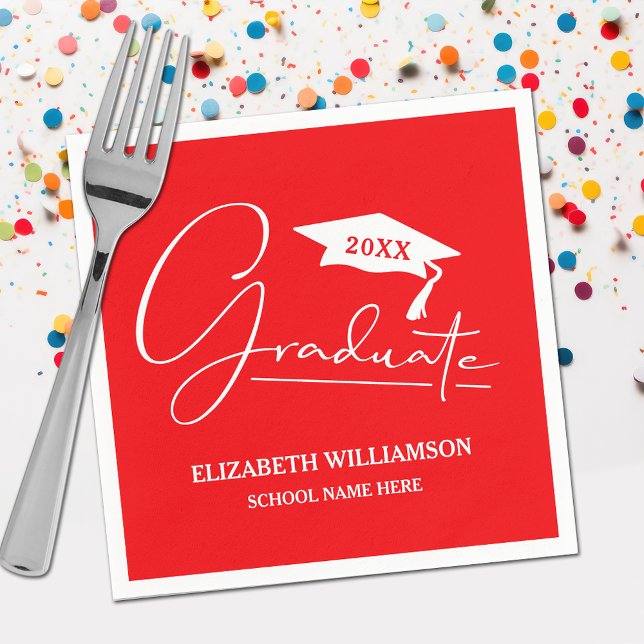 Röd Studentmössa för vitt skript Pappersservett (Your name, class year and "Graduate" in a cool script on red school color party napkins)