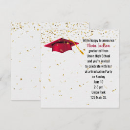 Röd Studentmössa med Guld Confetti Inbjudningar
