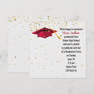 Röd Studentmössa med Guld Confetti Inbjudningar