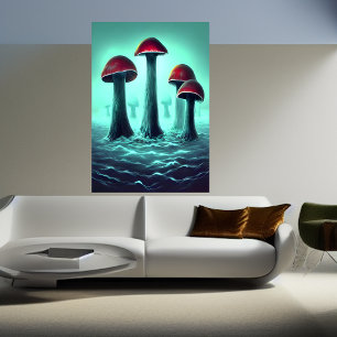 Röd svamp som växer i havet AI Art Poster