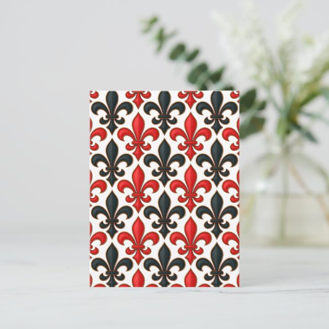 Röd Svart Barock Fleur-de-lis Mönsterdesign  Vykort (Stående Fram)