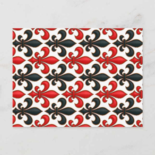 Röd svart barock Fleur-de-lis mönsterdesign  Vykort (Framsida)