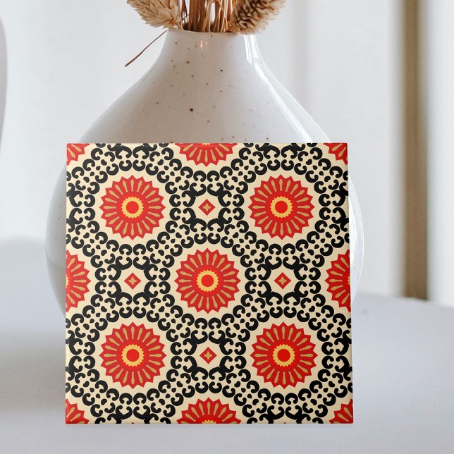 Röd Svart Beige Oriental Morisk Mosaik Mönster Kakelplatta (Skapare uppladdad)
