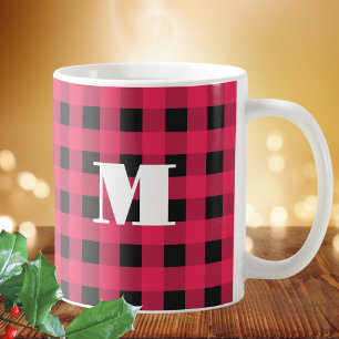 Röd svart Buffalo-ruta Monogram Jul Kaffemugg